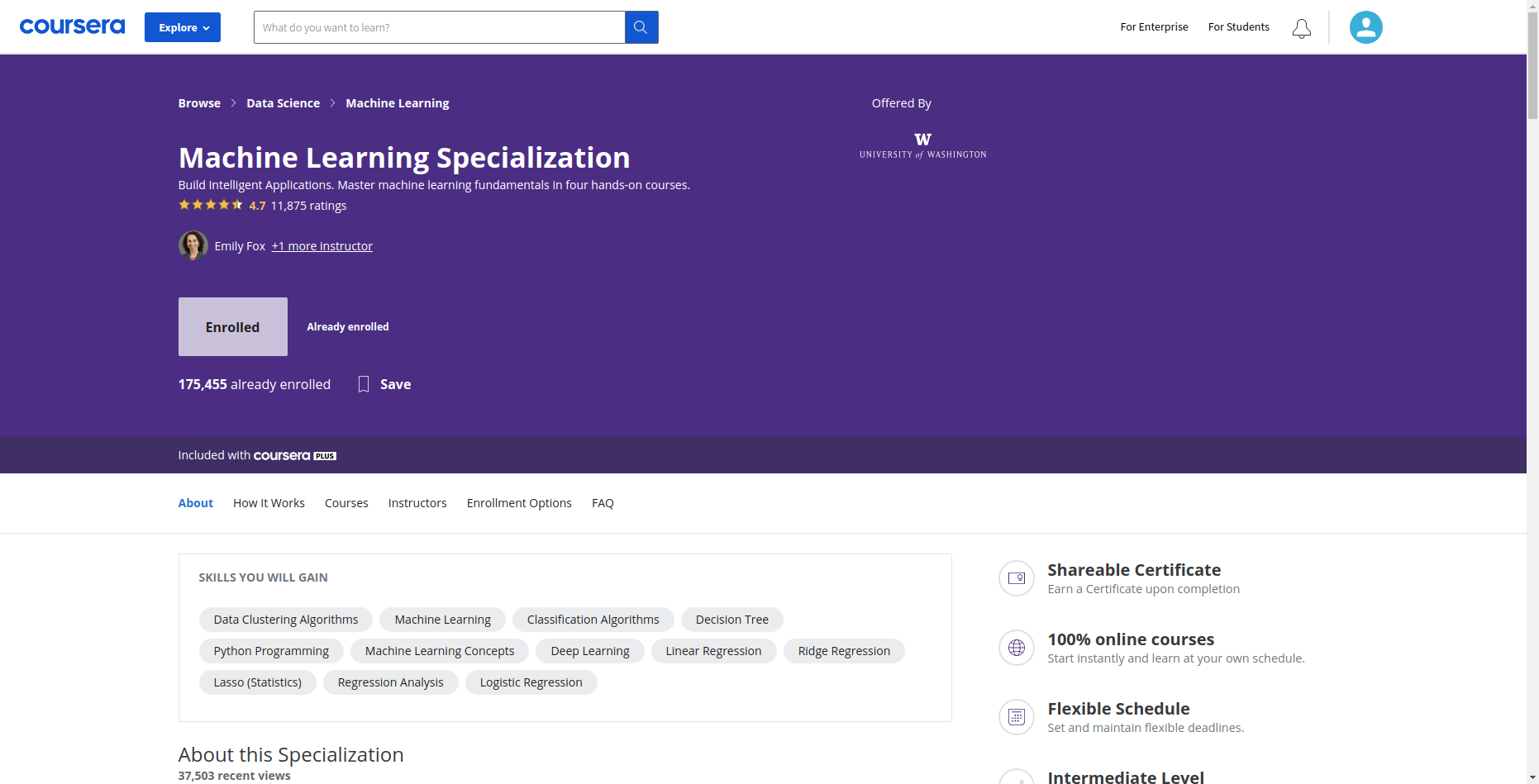 schermata sito Coursera Machine Learning Specialization