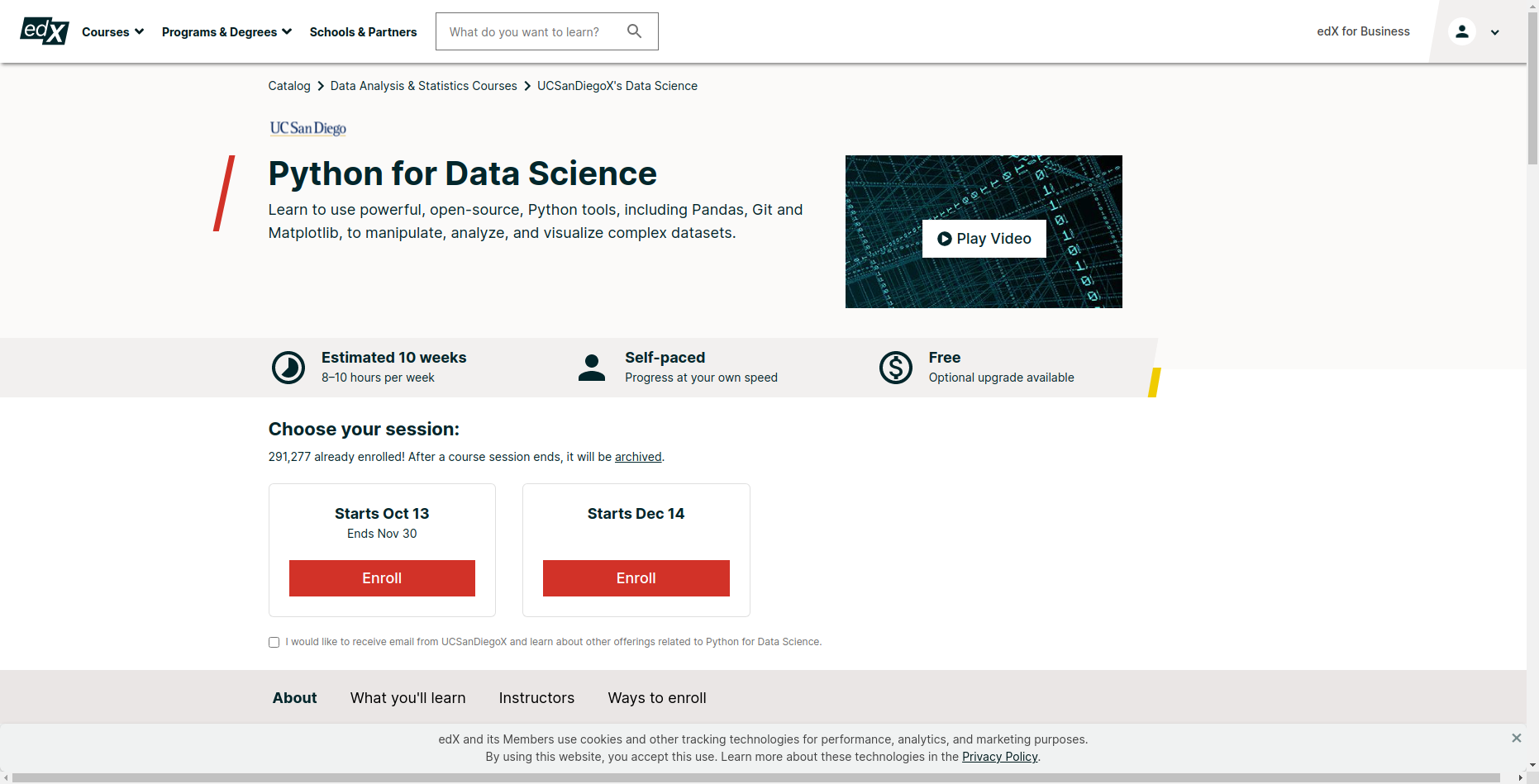 schermata sito edX Python for Data Science