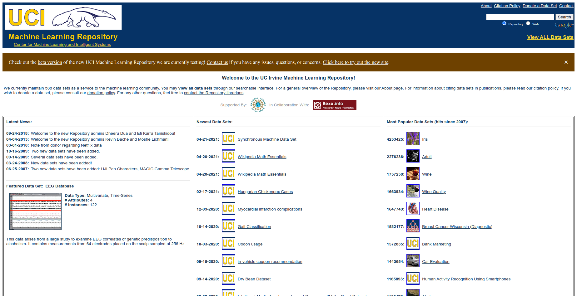 schermata sito UC Irvine ML Repository